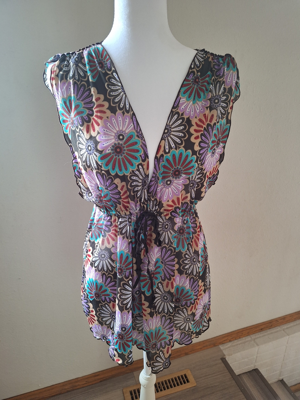 Lily Floral Drawstring V-Neck Camisole in Teal, Purple & Black